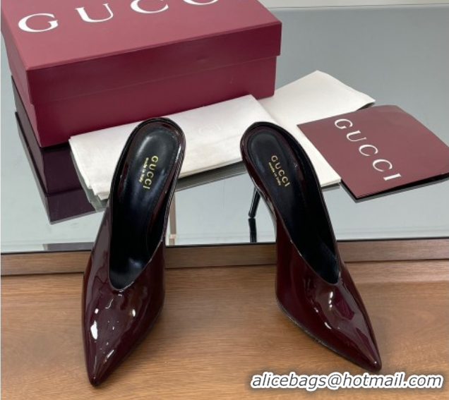 Shop Cheap Gucci V Heel Mules 10.5cm in Patent Leather Dark Burgundy GG082801