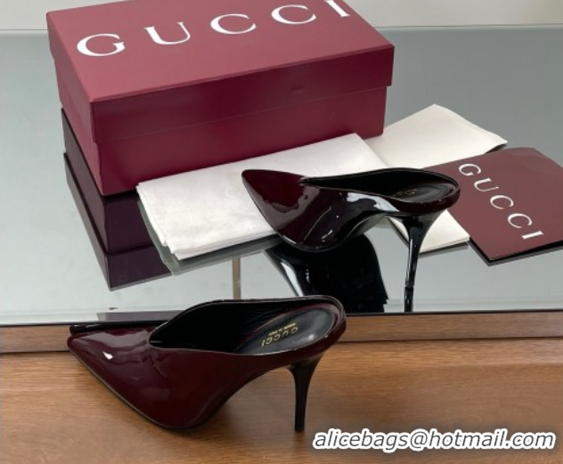 Shop Cheap Gucci V Heel Mules 10.5cm in Patent Leather Dark Burgundy GG082801