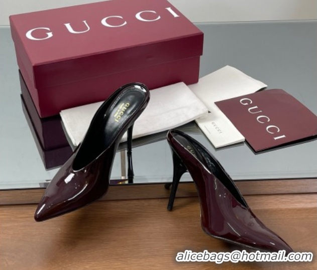 Shop Cheap Gucci V Heel Mules 10.5cm in Patent Leather Dark Burgundy GG082801