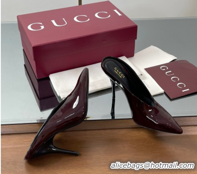 Shop Cheap Gucci V Heel Mules 10.5cm in Patent Leather Dark Burgundy GG082801