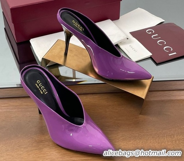 Perfect Gucci V Heel Mules 10.5cm in Patent Leather Purple 2025 GG082801