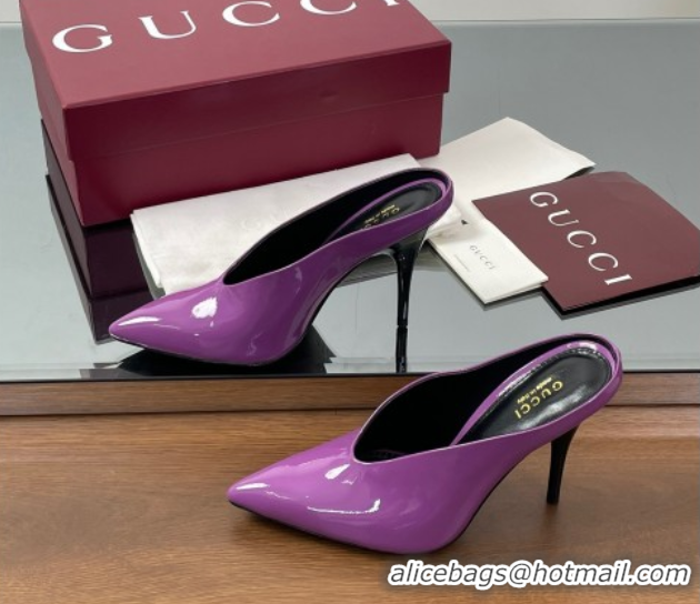 Perfect Gucci V Heel Mules 10.5cm in Patent Leather Purple 2025 GG082801