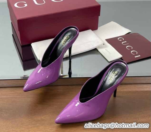 Perfect Gucci V Heel Mules 10.5cm in Patent Leather Purple 2025 GG082801