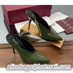 Modern Gucci V Heel Mules 10.5cm in Patent Leather Dark Green 2025 GG082801