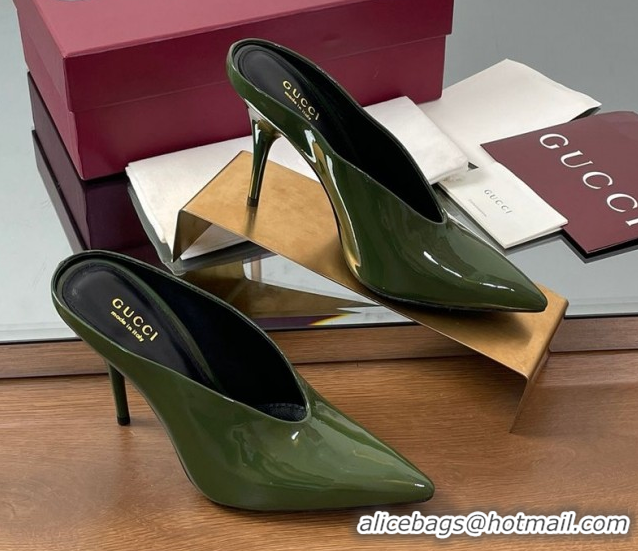 Modern Gucci V Heel Mules 10.5cm in Patent Leather Dark Green 2025 GG082801