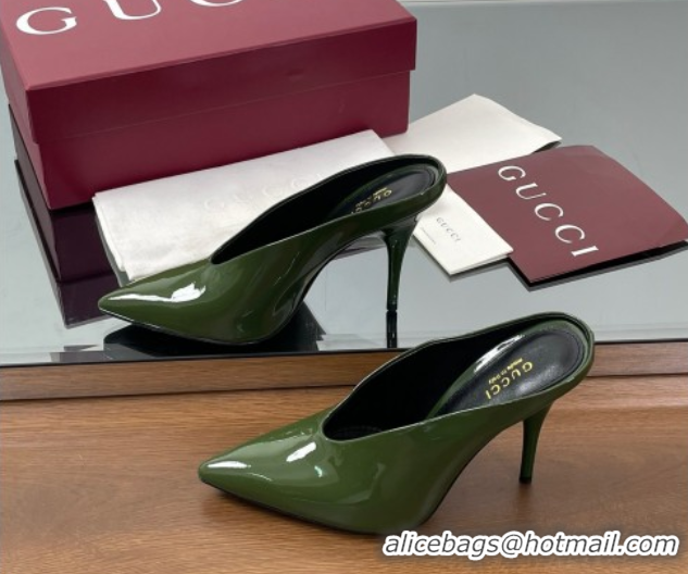 Modern Gucci V Heel Mules 10.5cm in Patent Leather Dark Green 2025 GG082801
