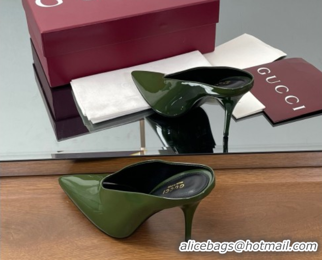 Modern Gucci V Heel Mules 10.5cm in Patent Leather Dark Green 2025 GG082801