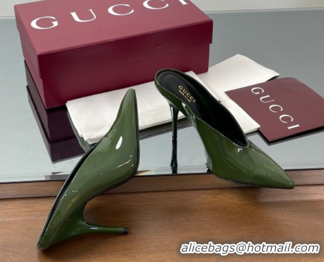 Modern Gucci V Heel Mules 10.5cm in Patent Leather Dark Green 2025 GG082801