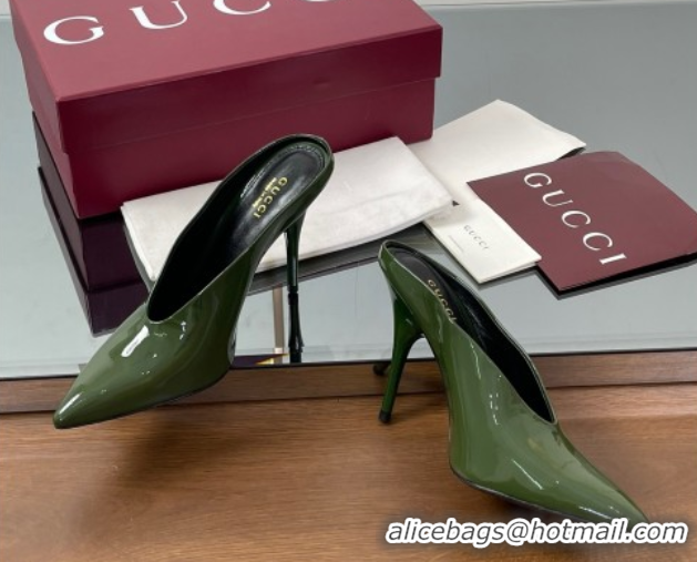 Modern Gucci V Heel Mules 10.5cm in Patent Leather Dark Green 2025 GG082801