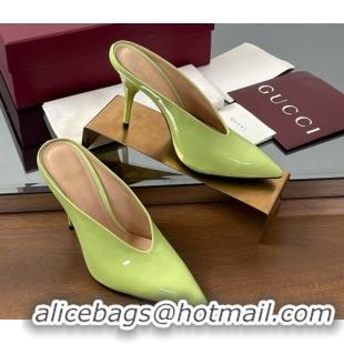 Good Quality Gucci V Heel Mules 10.5cm in Patent Leather Acid Green 2025 GG082801