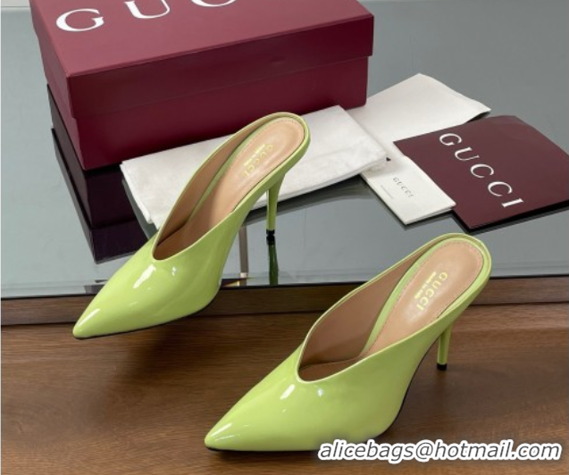 Good Quality Gucci V Heel Mules 10.5cm in Patent Leather Acid Green 2025 GG082801
