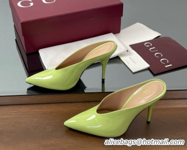 Good Quality Gucci V Heel Mules 10.5cm in Patent Leather Acid Green 2025 GG082801