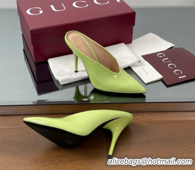 Good Quality Gucci V Heel Mules 10.5cm in Patent Leather Acid Green 2025 GG082801
