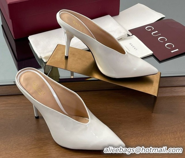 Crafted Gucci V Heel Mules 10.5cm in Patent Leather White 2025 GG082801