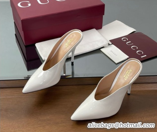 Crafted Gucci V Heel Mules 10.5cm in Patent Leather White 2025 GG082801