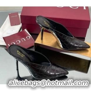 Popular Style Gucci V Heel Mules 10.5cm in Stone Embossed Leather Black 2025 GG082801