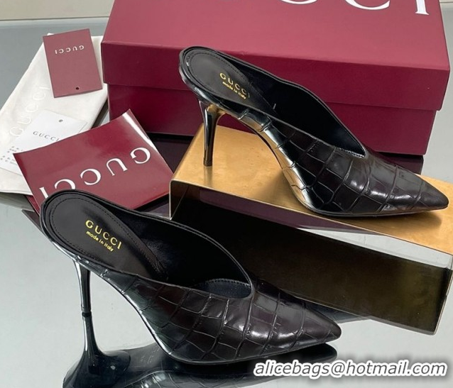 Popular Style Gucci V Heel Mules 10.5cm in Stone Embossed Leather Black 2025 GG082801
