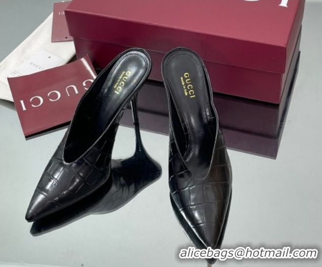 Popular Style Gucci V Heel Mules 10.5cm in Stone Embossed Leather Black 2025 GG082801