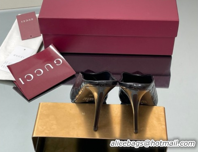 Popular Style Gucci V Heel Mules 10.5cm in Stone Embossed Leather Black 2025 GG082801