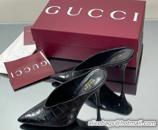 Popular Style Gucci V Heel Mules 10.5cm in Stone Embossed Leather Black 2025 GG082801