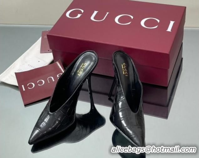 Popular Style Gucci V Heel Mules 10.5cm in Stone Embossed Leather Black 2025 GG082801