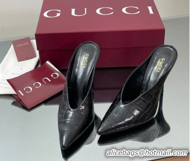 Popular Style Gucci V Heel Mules 10.5cm in Stone Embossed Leather Black 2025 GG082801