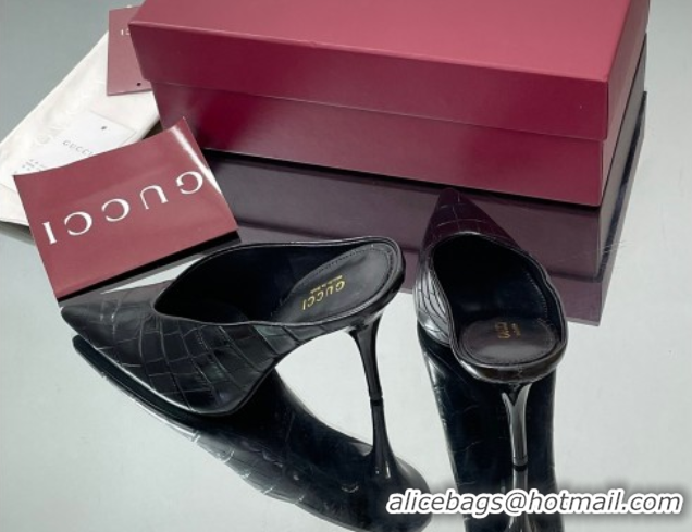 Popular Style Gucci V Heel Mules 10.5cm in Stone Embossed Leather Black 2025 GG082801