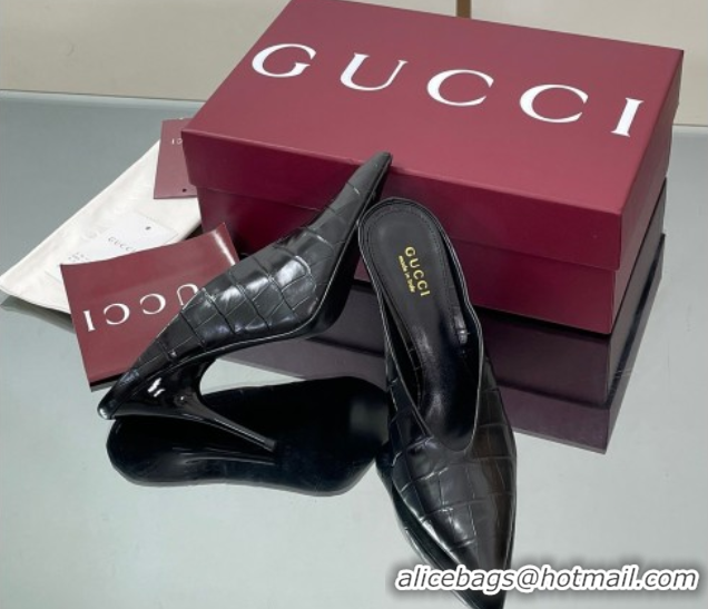 Popular Style Gucci V Heel Mules 10.5cm in Stone Embossed Leather Black 2025 GG082801