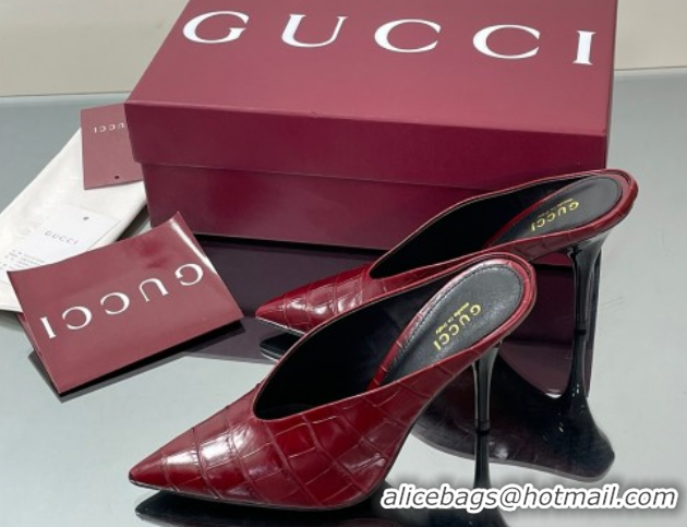 Low Price Gucci V Heel Mules 10.5cm in Stone Embossed Leather Ancora Red 2025 GG082801