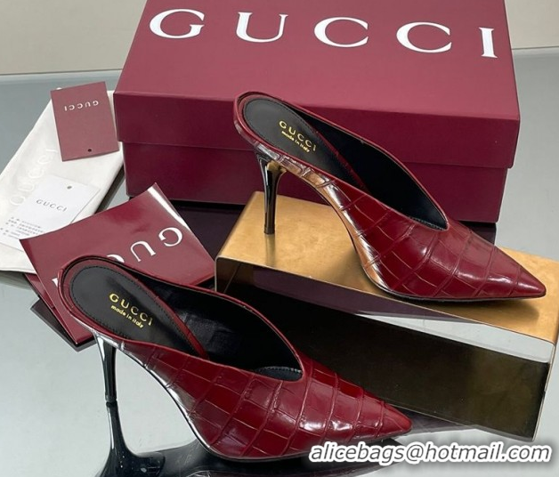 Low Price Gucci V Heel Mules 10.5cm in Stone Embossed Leather Ancora Red 2025 GG082801