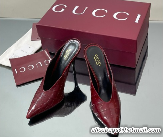 Low Price Gucci V Heel Mules 10.5cm in Stone Embossed Leather Ancora Red 2025 GG082801