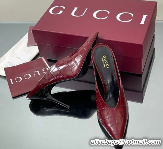 Low Price Gucci V Heel Mules 10.5cm in Stone Embossed Leather Ancora Red 2025 GG082801