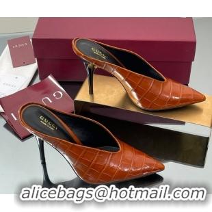 Grade Quality Gucci V Heel Mules 10.5cm in Stone Embossed Leather Brown 2025 GG082801