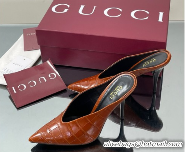 Grade Quality Gucci V Heel Mules 10.5cm in Stone Embossed Leather Brown 2025 GG082801