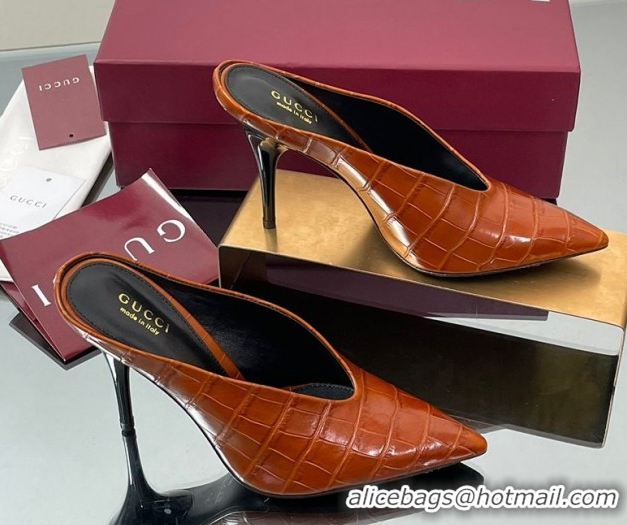Grade Quality Gucci V Heel Mules 10.5cm in Stone Embossed Leather Brown 2025 GG082801