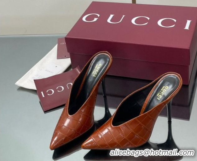 Grade Quality Gucci V Heel Mules 10.5cm in Stone Embossed Leather Brown 2025 GG082801