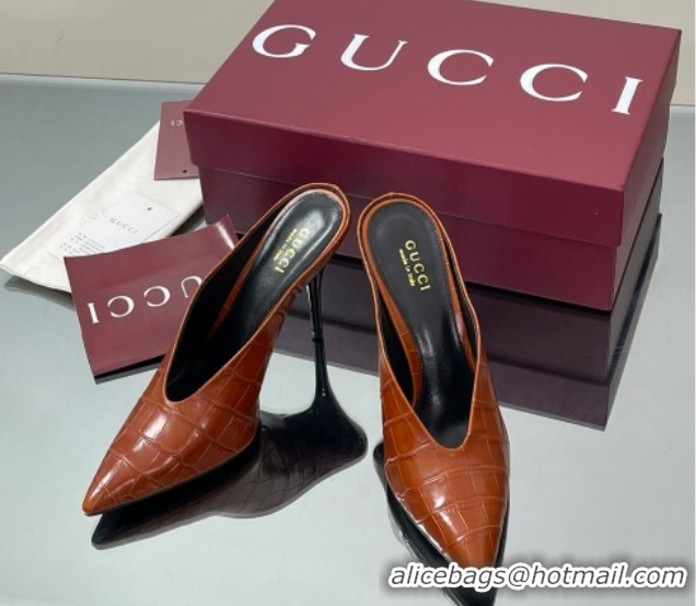 Grade Quality Gucci V Heel Mules 10.5cm in Stone Embossed Leather Brown 2025 GG082801