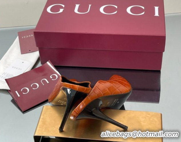 Grade Quality Gucci V Heel Mules 10.5cm in Stone Embossed Leather Brown 2025 GG082801