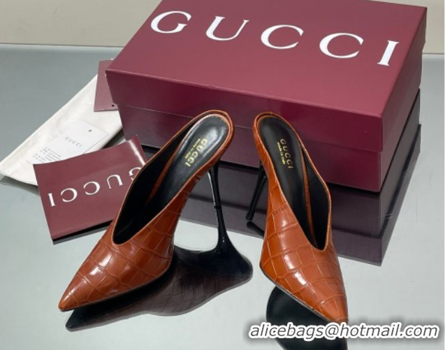 Grade Quality Gucci V Heel Mules 10.5cm in Stone Embossed Leather Brown 2025 GG082801