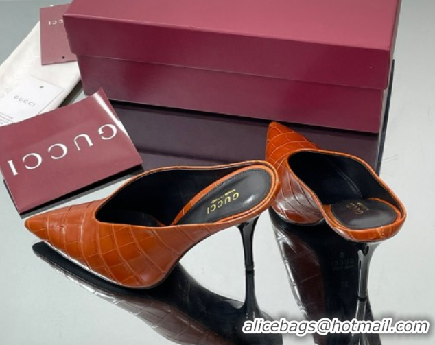 Grade Quality Gucci V Heel Mules 10.5cm in Stone Embossed Leather Brown 2025 GG082801