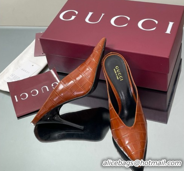 Grade Quality Gucci V Heel Mules 10.5cm in Stone Embossed Leather Brown 2025 GG082801