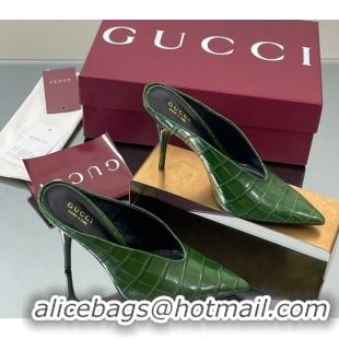 Best Price Gucci V Heel Mules 10.5cm in Stone Embossed Leather Green 2025 GG082801