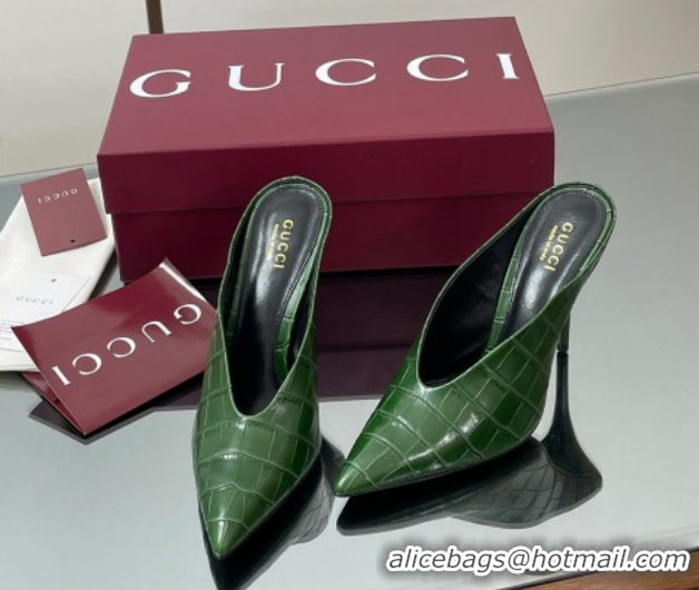 Best Price Gucci V Heel Mules 10.5cm in Stone Embossed Leather Green 2025 GG082801