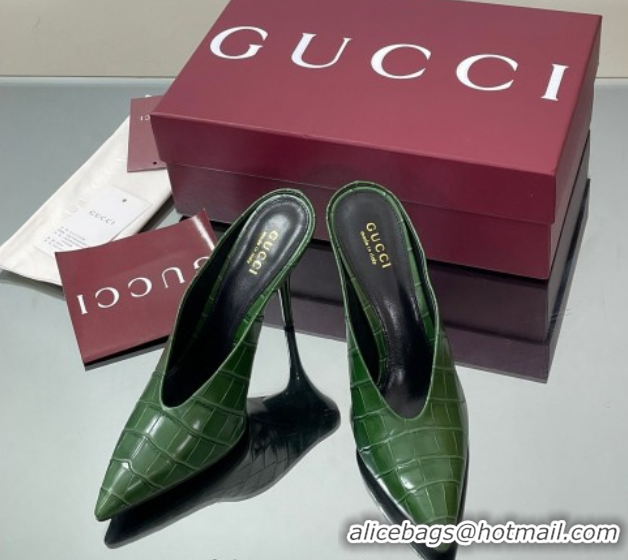 Best Price Gucci V Heel Mules 10.5cm in Stone Embossed Leather Green 2025 GG082801