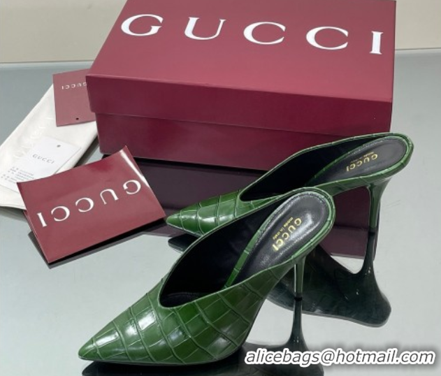 Best Price Gucci V Heel Mules 10.5cm in Stone Embossed Leather Green 2025 GG082801