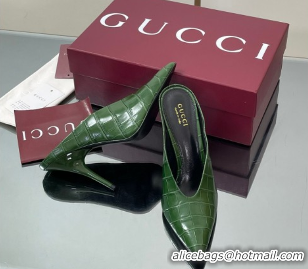 Best Price Gucci V Heel Mules 10.5cm in Stone Embossed Leather Green 2025 GG082801