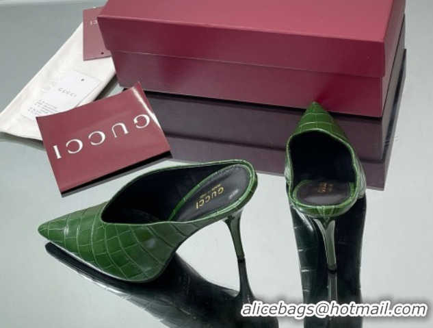 Best Price Gucci V Heel Mules 10.5cm in Stone Embossed Leather Green 2025 GG082801
