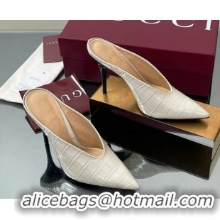 Good Looking Gucci V Heel Mules 10.5cm in Stone Embossed Leather White 2025 GG082801