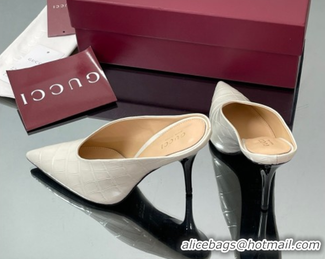Good Looking Gucci V Heel Mules 10.5cm in Stone Embossed Leather White 2025 GG082801
