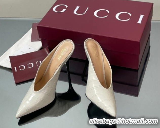 Good Looking Gucci V Heel Mules 10.5cm in Stone Embossed Leather White 2025 GG082801